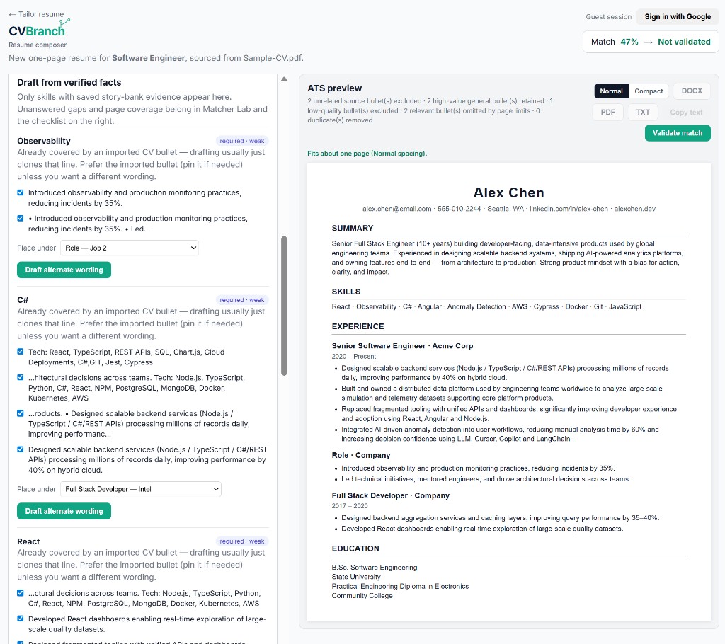 CVBranch composer for a Software Engineer job: bullet selection on the left and ATS one-page preview on the right.